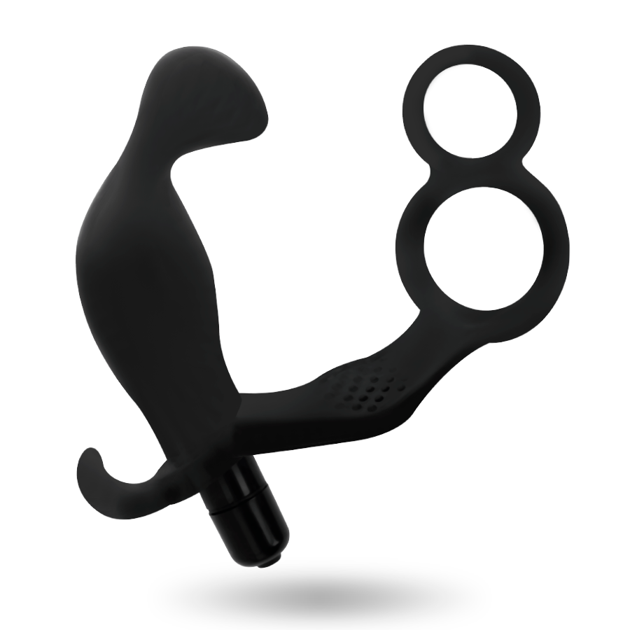 ADDICTED TOYS - ANAL PLUG WITH DOUBLE PENIS RING AND TESTICLES BLACK - Amore24