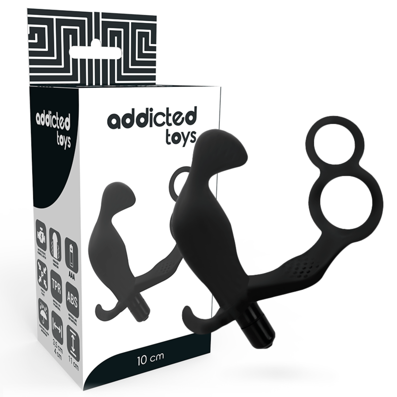 ADDICTED TOYS - ANAL PLUG WITH DOUBLE PENIS RING AND TESTICLES BLACK - Amore24