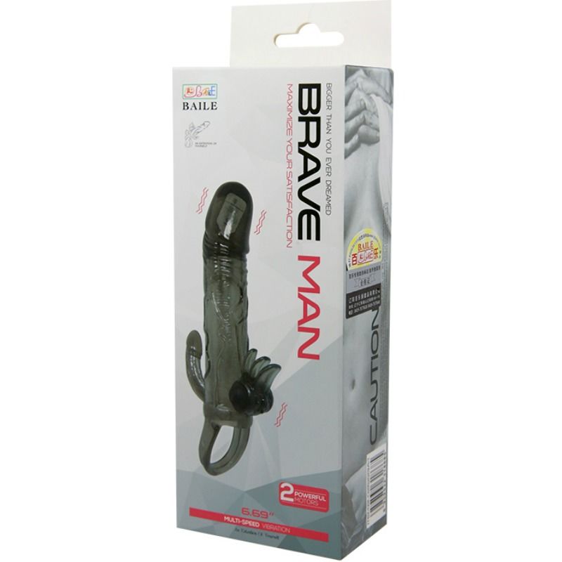 BAILE - BRAVE MAN PENIS COVER WITH CLIT AND ANAL STIMULATION DOUBLE BULLET BLACK 16.5 CM - Amore24