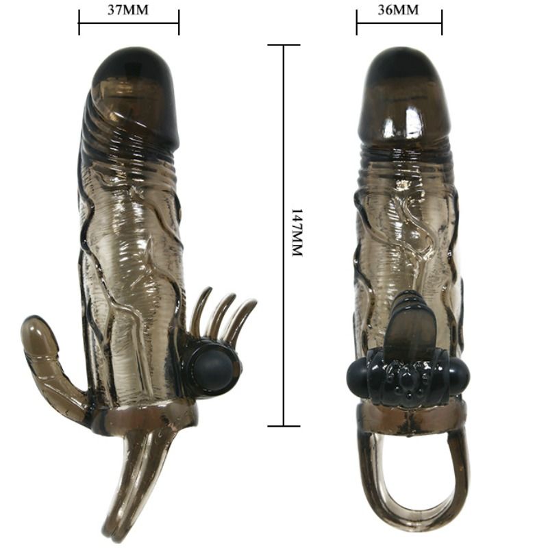 BAILE - BRAVE MAN PENIS COVER WITH CLIT AND ANAL STIMULATION DOUBLE BULLET BLACK 16.5 CM - Amore24