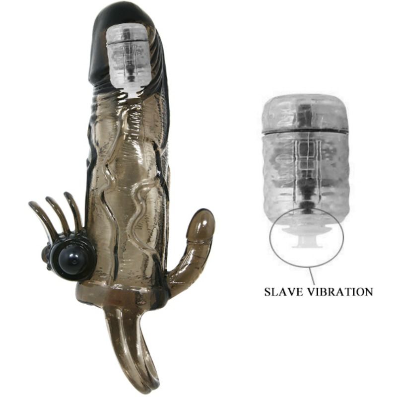 BAILE - BRAVE MAN PENIS COVER WITH CLIT AND ANAL STIMULATION DOUBLE BULLET BLACK 16.5 CM - Amore24