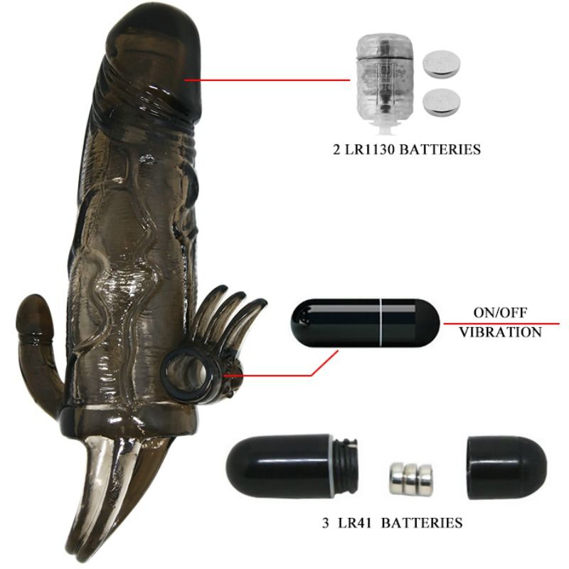 BAILE - BRAVE MAN PENIS COVER WITH CLIT AND ANAL STIMULATION DOUBLE BULLET BLACK 16.5 CM - Amore24