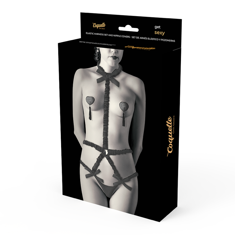 COQUETTE CHIC DESIRE - ELASTIC HARNESS SET AND NIPPLE COVERS BLACK - Amore24
