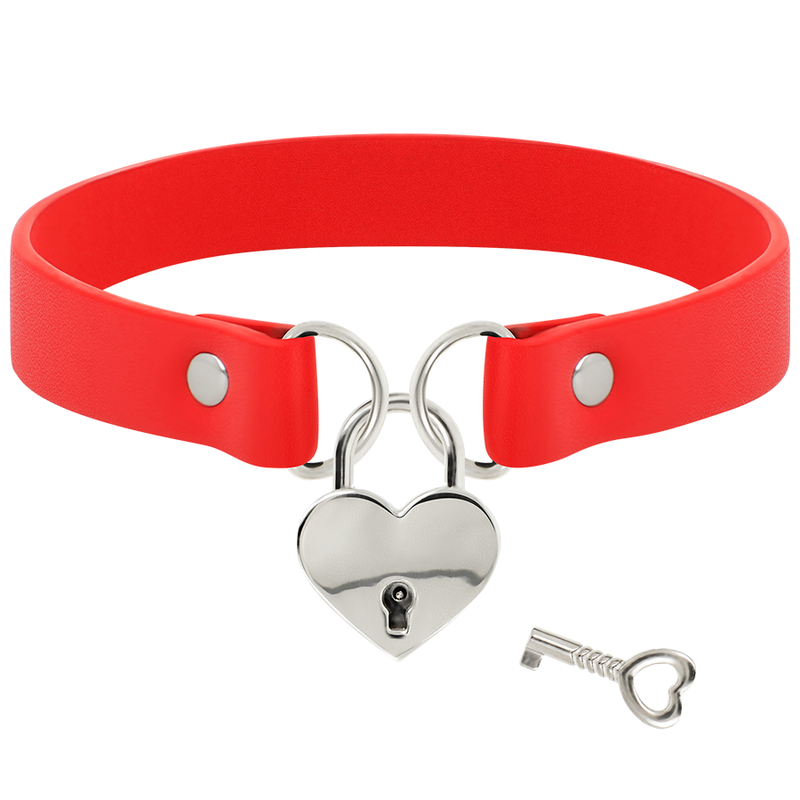 COQUETTE CHIC DESIRE - RED VEGAN LEATHER NECKLACE WITH HEART ACCESSORY WITH KEY - Amore24