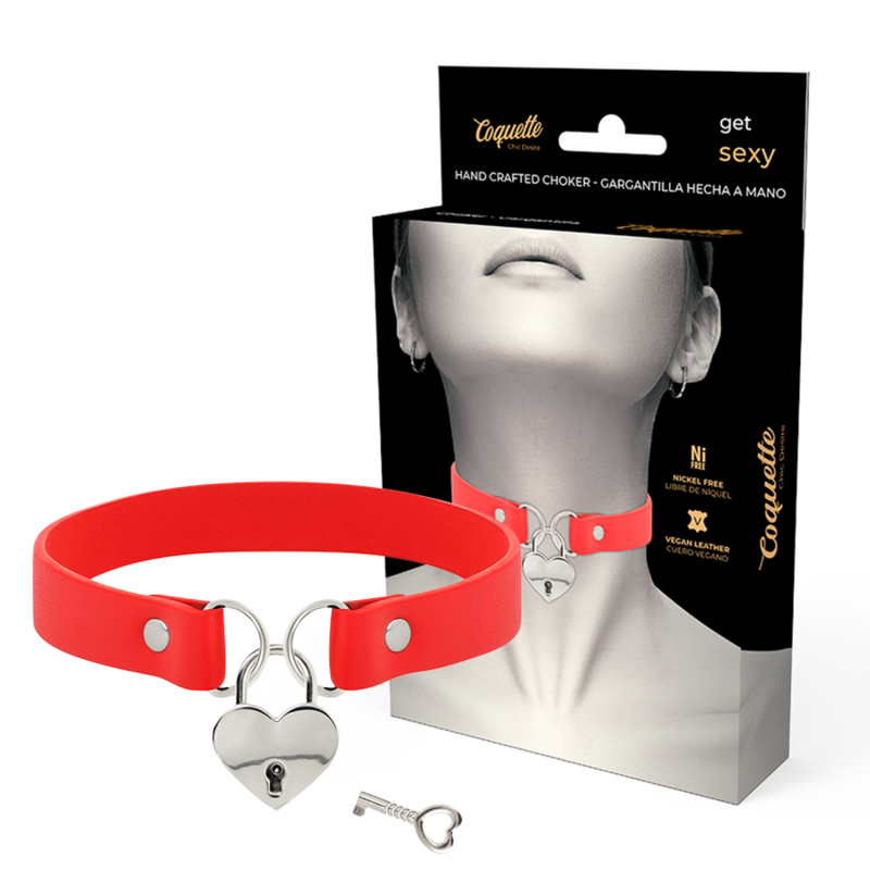 COQUETTE CHIC DESIRE - RED VEGAN LEATHER NECKLACE WITH HEART ACCESSORY WITH KEY - Amore24