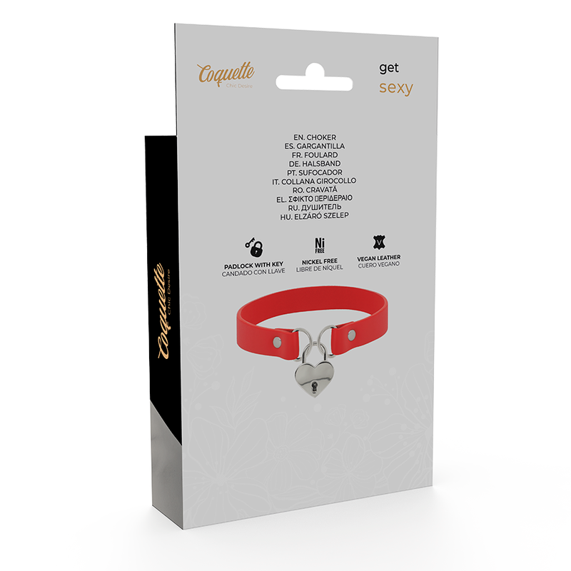 COQUETTE CHIC DESIRE - RED VEGAN LEATHER NECKLACE WITH HEART ACCESSORY WITH KEY - Amore24