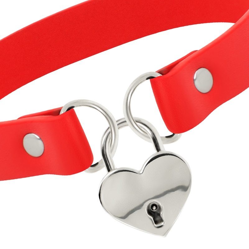COQUETTE CHIC DESIRE - RED VEGAN LEATHER NECKLACE WITH HEART ACCESSORY WITH KEY - Amore24
