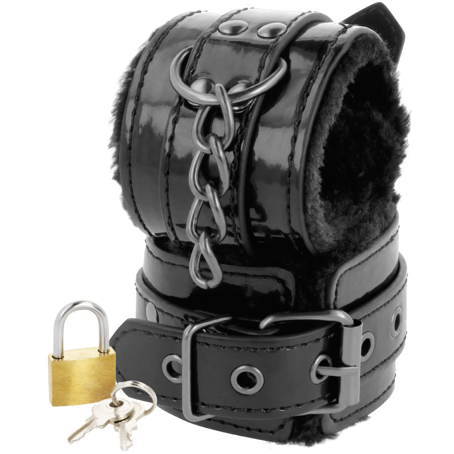 DARKNESS - ADJUSTABLE BLACK LEATHER ANKLE HANDCUFFS WITH PADLOCK - Amore24