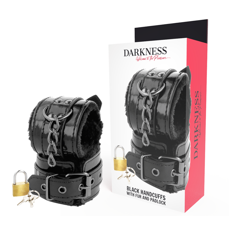 DARKNESS - BLACK ADJUSTABLE LEATHER HANDCUFFS WITH PADLOCK - Amore24