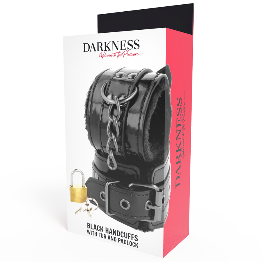 DARKNESS - BLACK ADJUSTABLE LEATHER HANDCUFFS WITH PADLOCK - Amore24