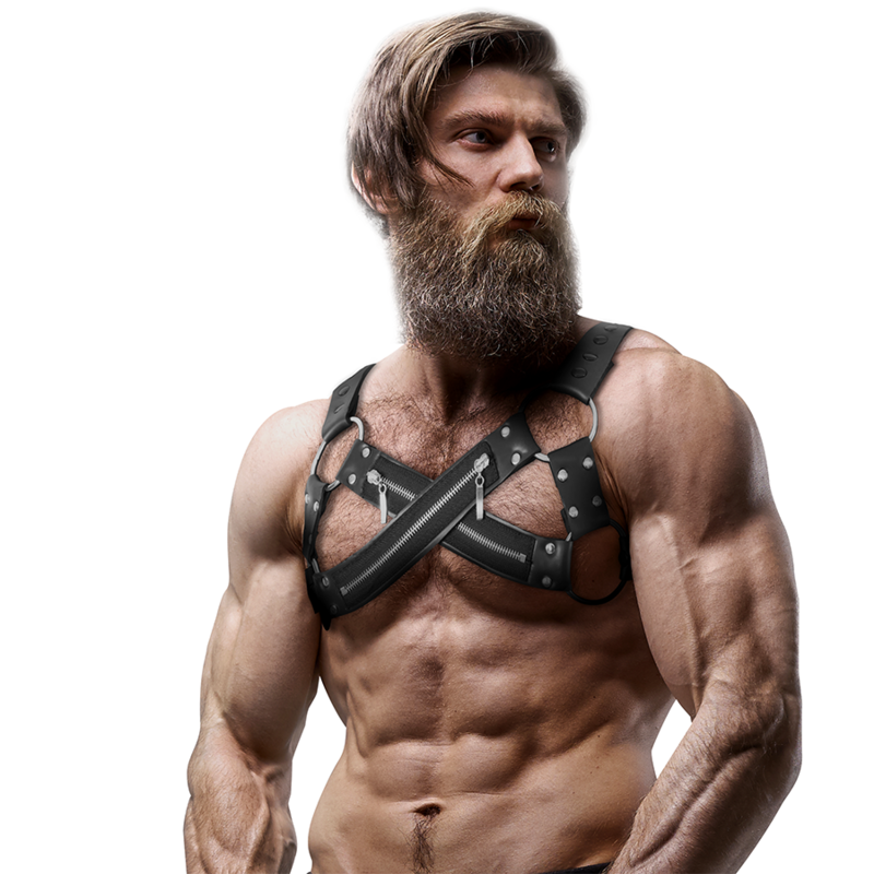 FETISH SUBMISSIVE ATTITUDE - ADJUSTABLE NEOPRENE CROSS-OVER CHEST BULLDOG HARNESS WITH ZIPPERS FOR MEN - Amore24