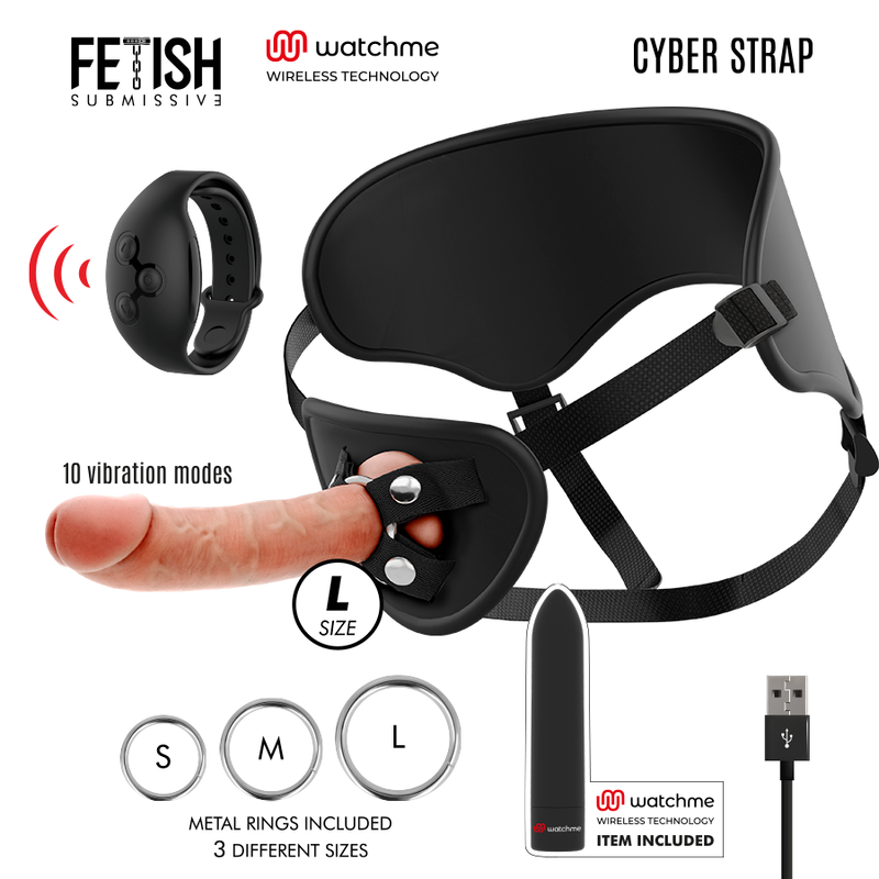 FETISH SUBMISSIVE CYBER STRAP - HARNESS WITH DILDO AND BULLET REMOTE CONTROL WATCHME L TECHNOLOGY - Amore24