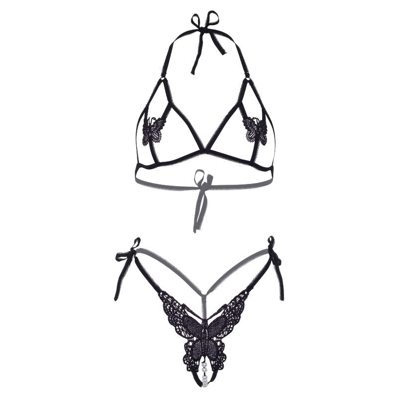 LEG AVENUE - TWO PIECES SET BRA AND PANTY OF BUTTERFLIES & PEARLS ONE SIZE - BLACK - Amore24