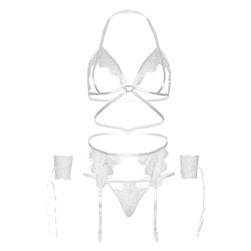 LEG AVENUE - FOUR PIECES SET BRA, G-STRING, GARTER BELT & WRIST CUFFS ONE SIZE - WHITE - Amore24