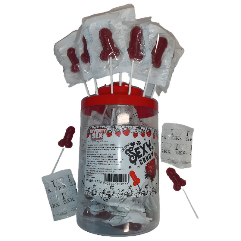 DIABLO PICANTE - 50 STRAWBERRY & CHERRY CANDY PENIS LOLLIPOP 50 UNITS - Amore24