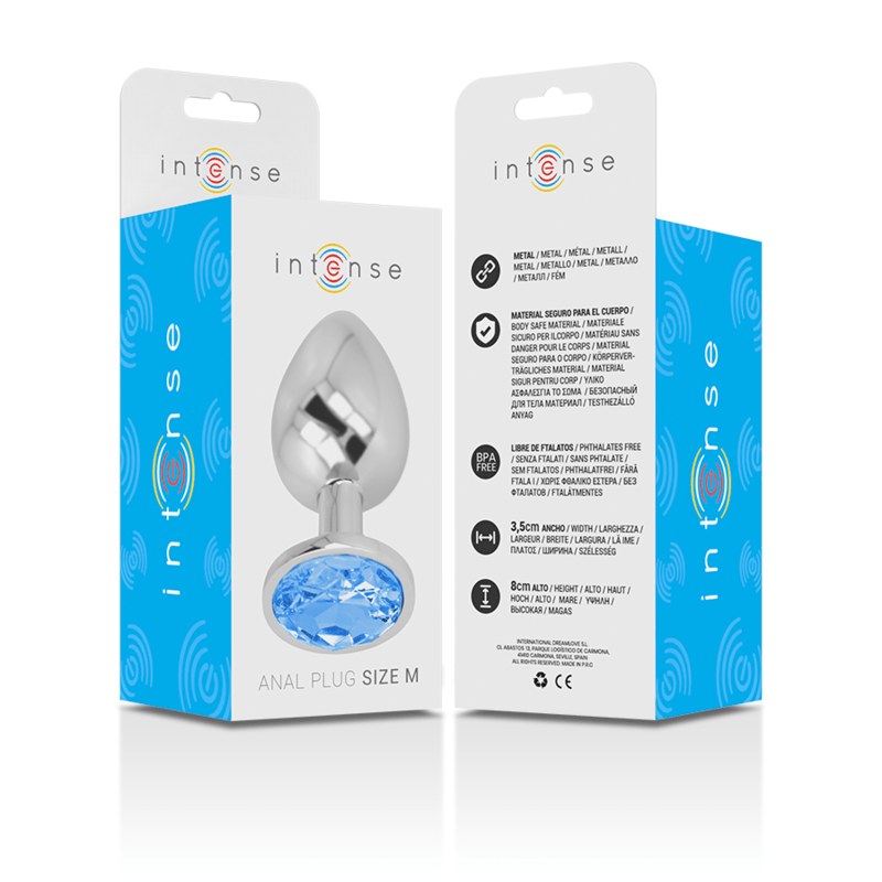 INTENSE - ALUMINUM METAL ANAL PLUG WITH BLUE GLASS SIZE M - Amore24