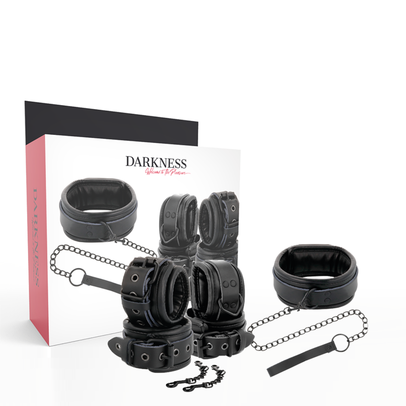 DARKNESS - BLACK LEATHER HANDCUFFS AND COLLAR - Amore24