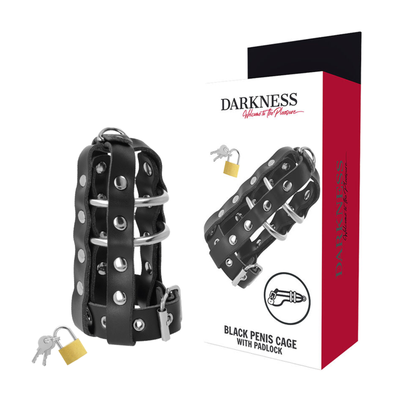 DARKNESS - LEATHER CHASTITY CAGE WITH LOCK - Amore24