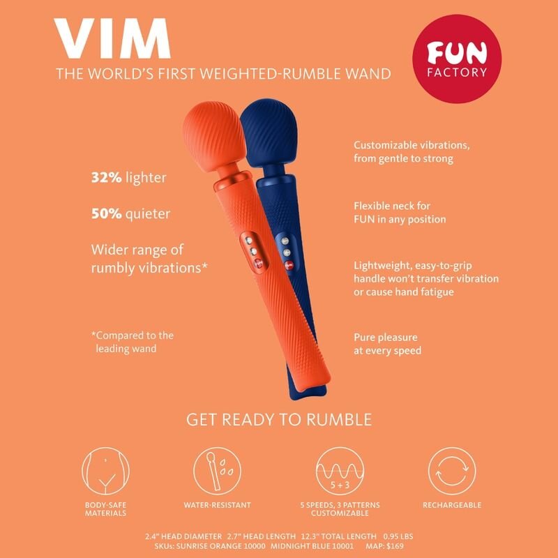 FUN FACTORY - VIM SILICONE RECHARGEABLE VIBRATING WEIGHTED RUMBLE WAND SUNRISE ORANGE - Amore24