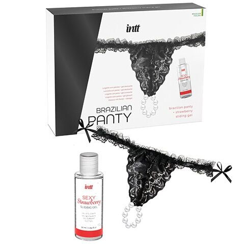 INTT RELEASES - BRAZILIAN BLACK PANTY WITH PEARLS AND LUBRICANT GEL 50 ML - Amore24