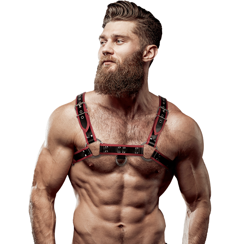 FETISH SUBMISSIVE ATTITUDE - MENS ECO-LEATHER CHEST HARNESS BLACK/RED - Amore24