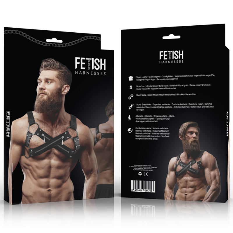 FETISH SUBMISSIVE ATTITUDE - ADJUSTABLE NEOPRENE CROSS-OVER CHEST BULLDOG HARNESS WITH ZIPPERS FOR MEN - Amore24