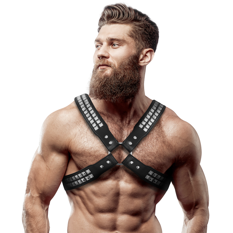 FETISH SUBMISSIVE ATTITUDE - MENS CROSSED CHEST ECO-LEATHER HARNESS WITH RIVETS - Amore24