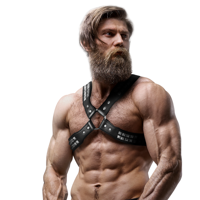 FETISH SUBMISSIVE ATTITUDE - MENS CROSSED CHEST ECO-LEATHER HARNESS WITH RIVETS - Amore24