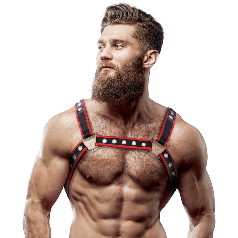 FETISH SUBMISSIVE ATTITUDE - MENS ECO-LEATHER CHEST BULLDOG HARNESS BLACK/RED - Amore24