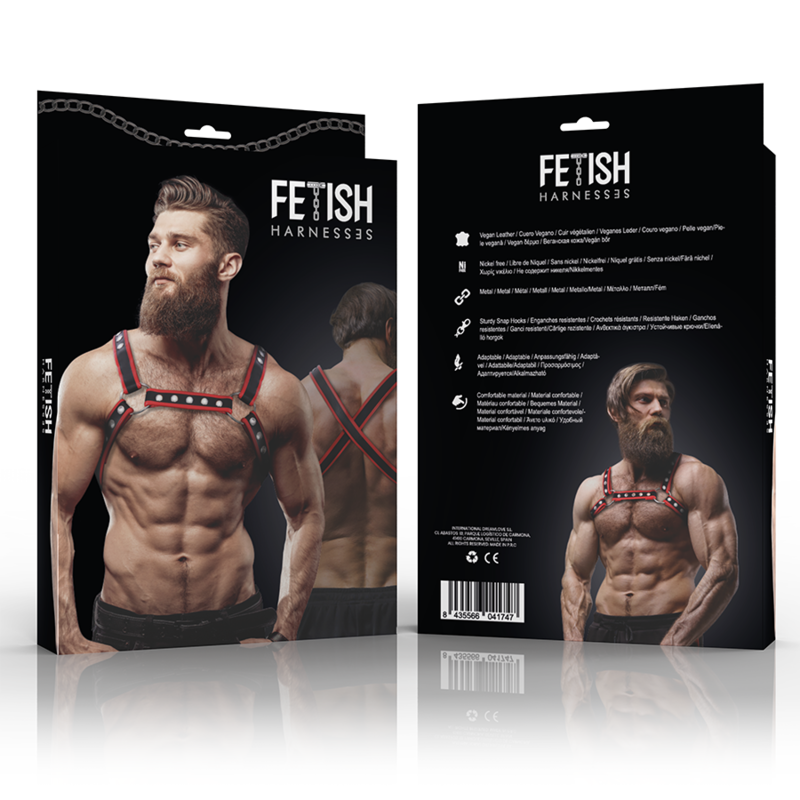 FETISH SUBMISSIVE ATTITUDE - MENS ECO-LEATHER CHEST BULLDOG HARNESS BLACK/RED - Amore24