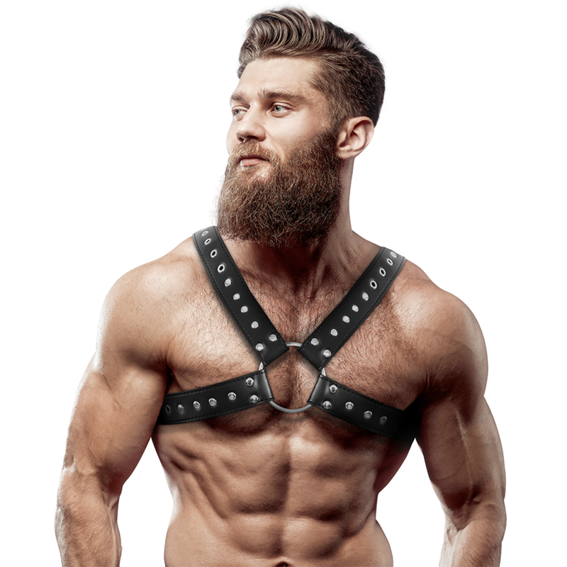 FETISH SUBMISSIVE ATTITUDE - MENS CROSS-OVER ECO-LEATHER CHEST HARNESS WITH STUDS - Amore24