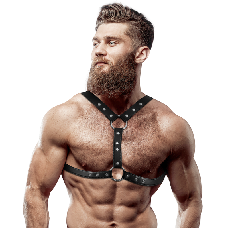FETISH SUBMISSIVE ATTITUDE - ECO-LEATHER CHEST HARNESS WITH DOUBLE SUPPORT AND STUDS FOR MEN - Amore24