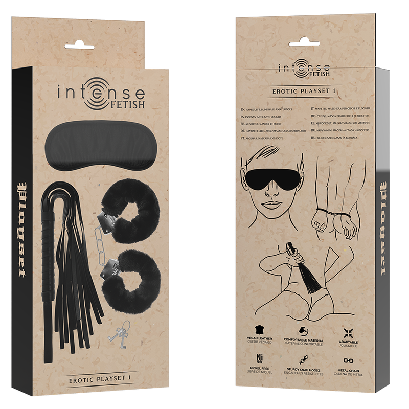 INTENSE - FETISH EROTIC PLAYSET 1 WITH HANDCUFFS, BLIND MASK AND FLOGGER - Amore24
