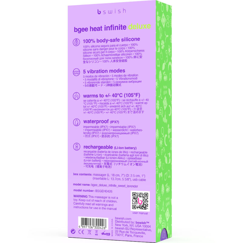 B SWISH - BGEE HEAT INFINITE DELUXE RECHARGEABLE VIBRATOR LAVENDER SILICONE - Amore24