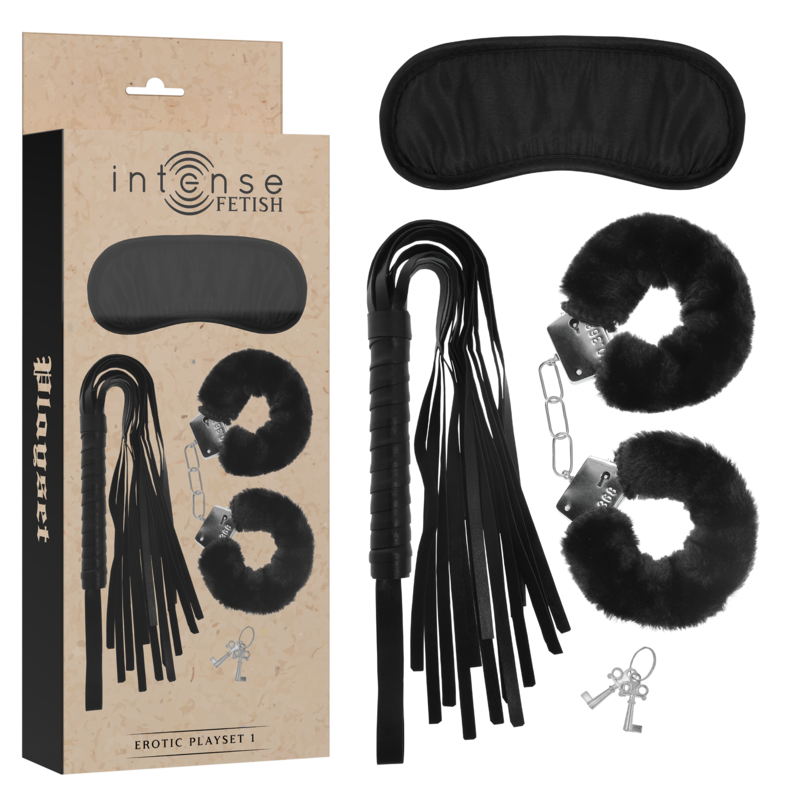 INTENSE - FETISH EROTIC PLAYSET 1 WITH HANDCUFFS, BLIND MASK AND FLOGGER - Amore24