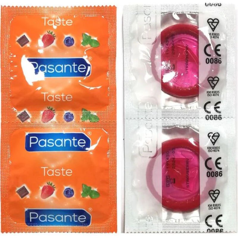 PASANTE - CONDOMS FLAVOR STRAWBERRY BAG 144 UNITS - Amore24