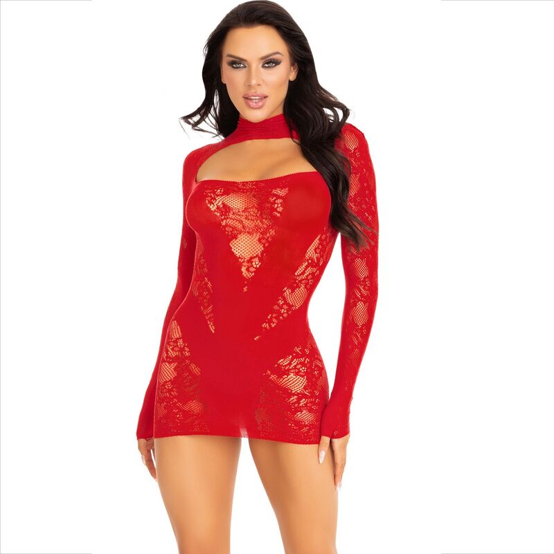 LEG AVENUE - MINI DRESS WITH LACE LONG SLEEVE RED - Amore24