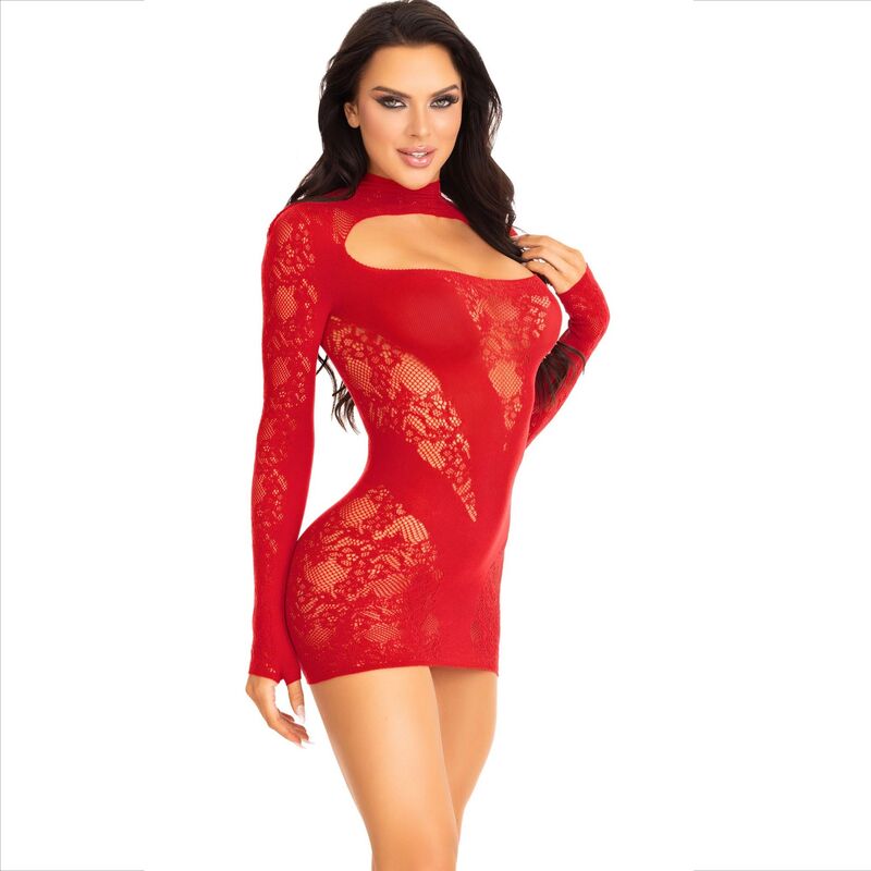 LEG AVENUE - MINI DRESS WITH LACE LONG SLEEVE RED - Amore24
