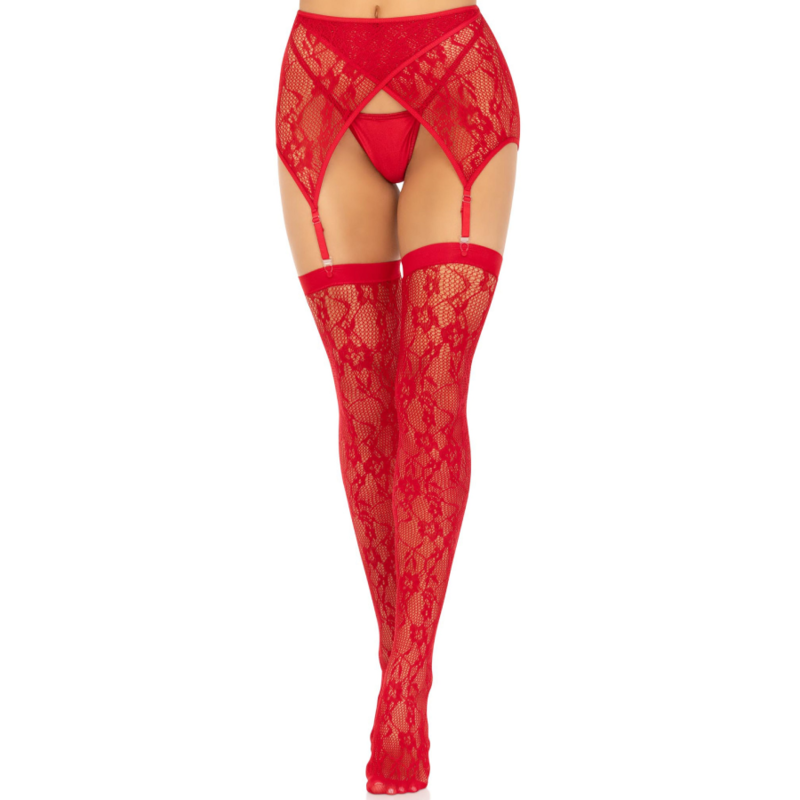 LEG AVENUE - LACE THIGH HIGHS & GARTERBELT RED - Amore24