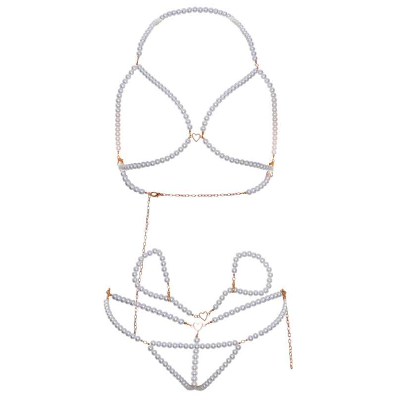 LEG AVENUE - BRA WRISTBANDS & PEARL THONG SET - Amore24
