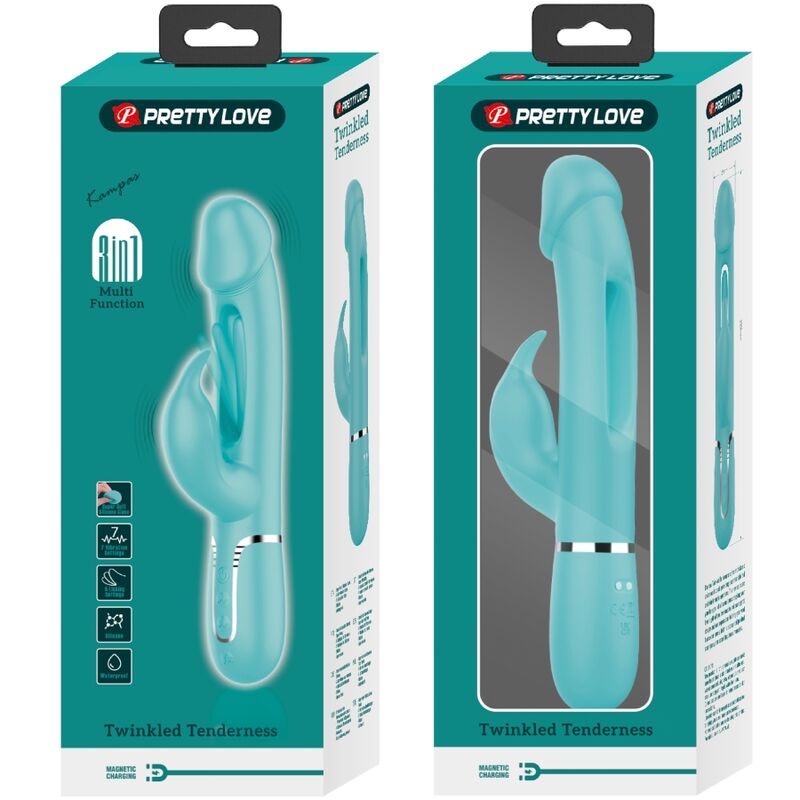 PRETTY LOVE - KAMPAS RABBIT 3 IN 1 MULTIFUNCTION VIBRATOR WITH TONGUE AQUA GREEN - Amore24