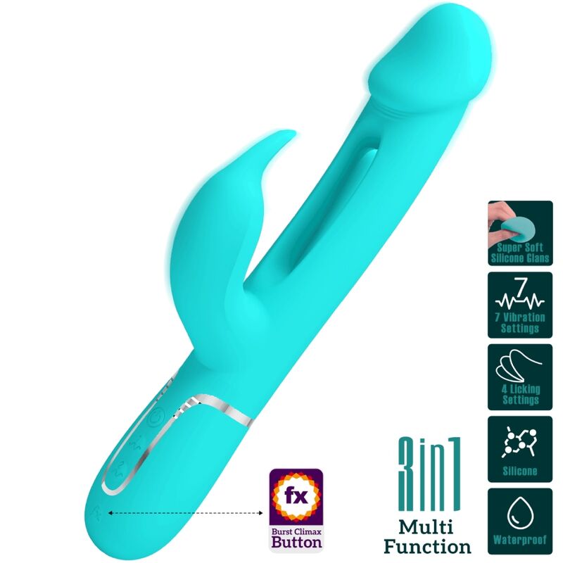 PRETTY LOVE - KAMPAS RABBIT 3 IN 1 MULTIFUNCTION VIBRATOR WITH TONGUE AQUA GREEN - Amore24