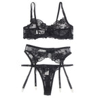 SUBBLIME - SET OF 3 PIECES BRA + THONG + GARTER FLORAL PRINT BLACK L/XL - Amore24