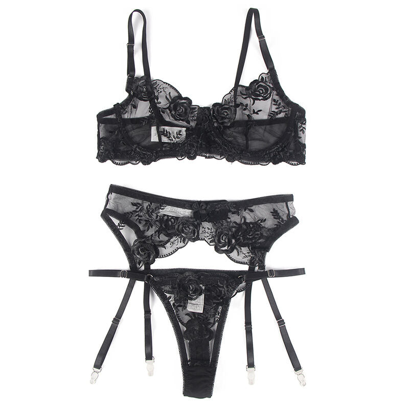 SUBBLIME - SET OF 3 PIECES BRA + THONG + GARTER FLORAL PRINT BLACK L/XL - Amore24