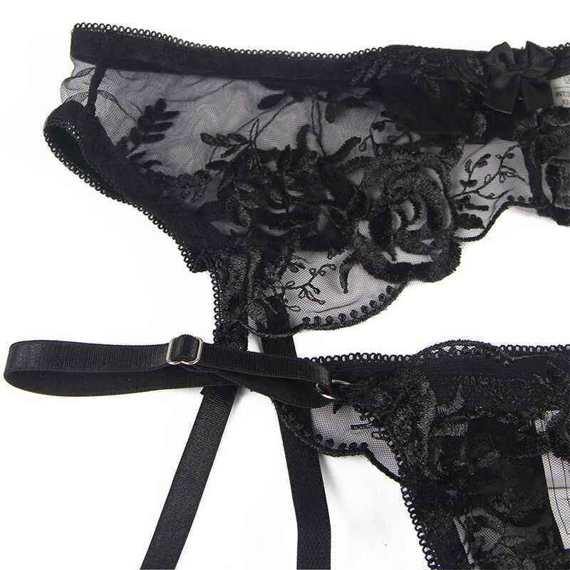SUBBLIME - SET OF 3 PIECES BRA + THONG + GARTER FLORAL PRINT BLACK L/XL - Amore24