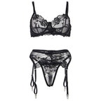 SUBBLIME - SET OF 3 PIECES BRA + THONG + GARTER FLORAL PRINT BLACK L/XL - Amore24