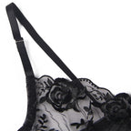SUBBLIME - SET OF 3 PIECES BRA + THONG + GARTER FLORAL PRINT BLACK L/XL - Amore24