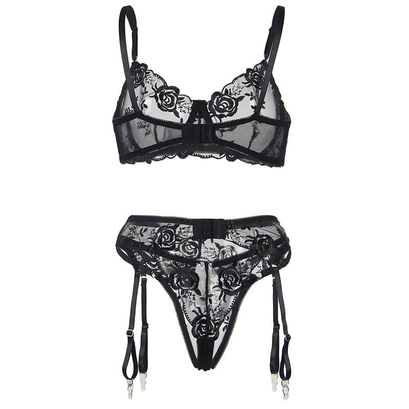 SUBBLIME - SET OF 3 PIECES BRA + THONG + GARTER FLORAL PRINT BLACK L/XL - Amore24