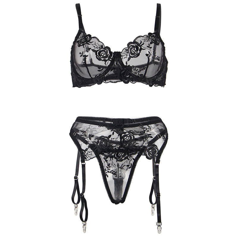 SUBBLIME - SET OF 3 PIECES BRA + THONG + GARTER FLORAL PRINT BLACK L/XL - Amore24