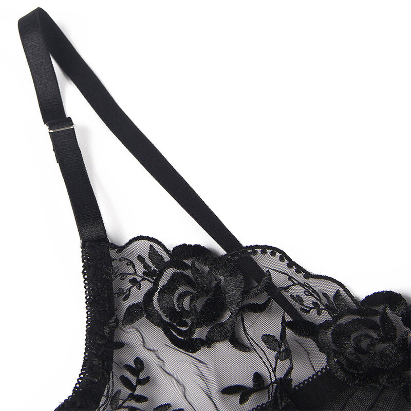 SUBBLIME - SET OF 3 PIECES BRA + THONG + GARTER FLORAL PRINT BLACK L/XL - Amore24